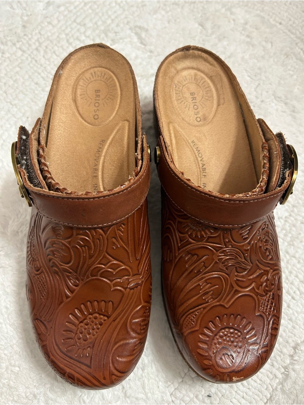Brioso Tan Embossed Leather Clogs with Adjustable Buckle